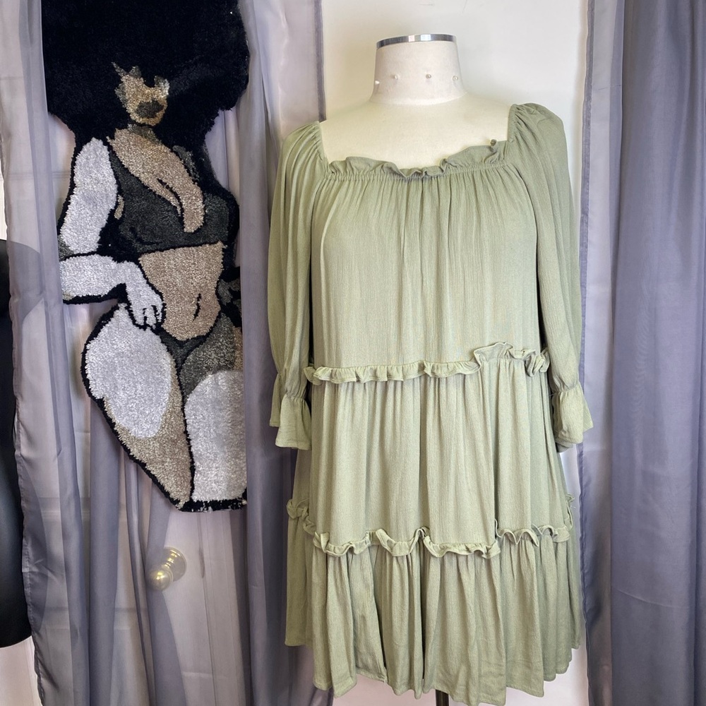 Tiered Ruffle Boho Peasant Babydoll Dress in Sage Green.